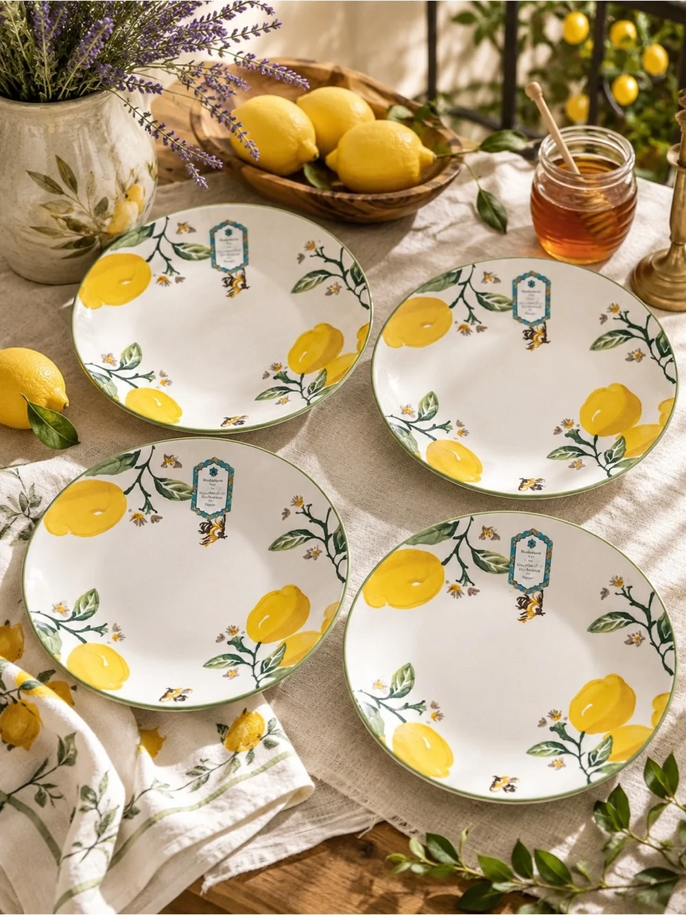 Set of 4 Lemon Bee Dinner Plates 10.5” Hand Painted Ceramic‎ Mediterranean